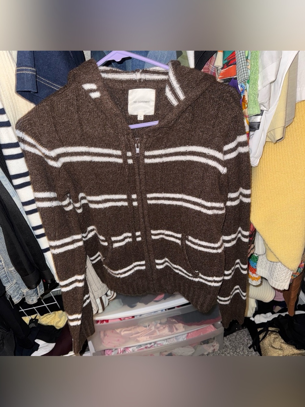 Fashion Nova Brown & White Striped Hooded Zip Cardigan